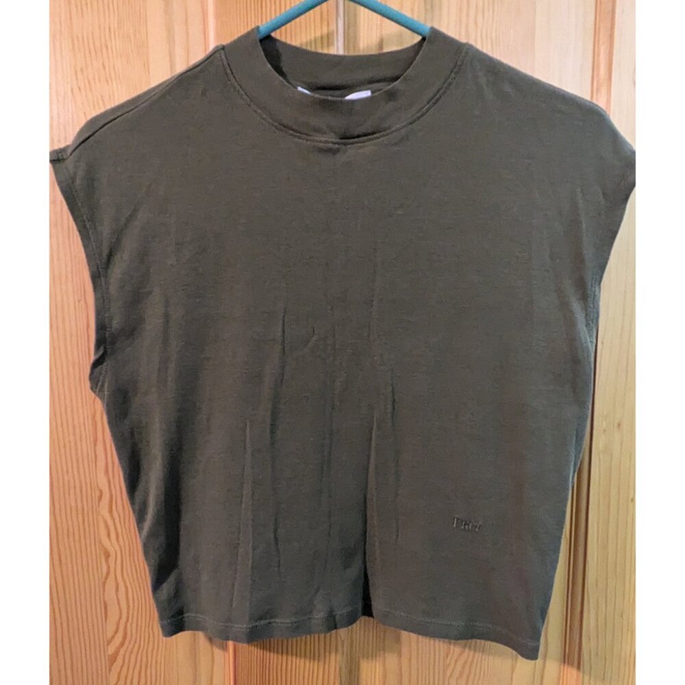 FRAME Cropped Mock Neck Army Green Tee, XS